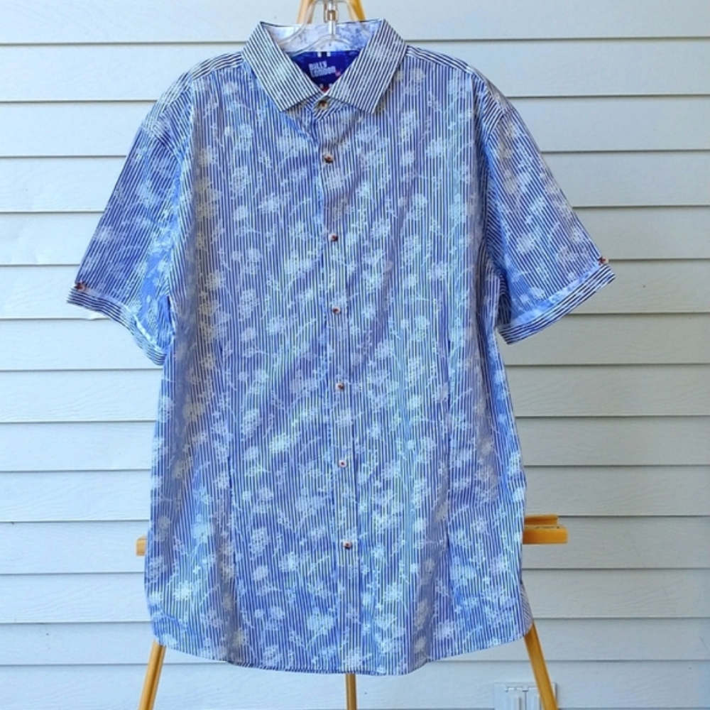 Billy London Floral Shadow Stripe Blue and White Button Down Size XXL